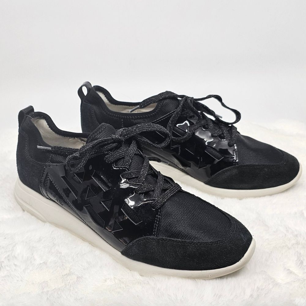 GEOX D Ophira B black patent detail lace up sneaker shoes Size 10.5